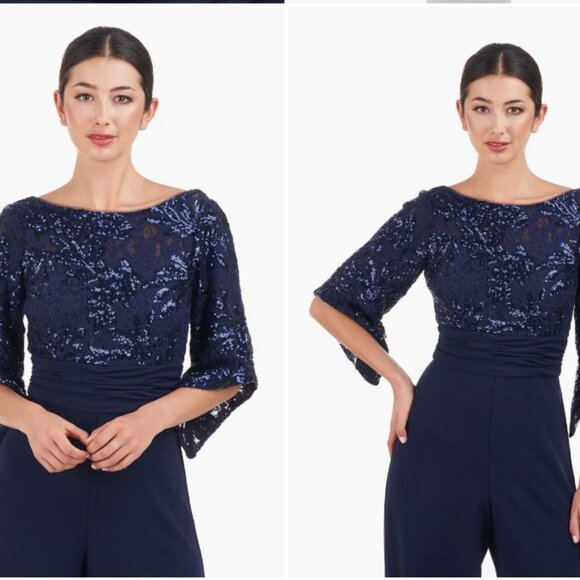 JS COLLECTIONS BELLE SEQUIN WIDE LEG NAVY JUMPSUIT DRESS sz 16 - Picture 2 of 7